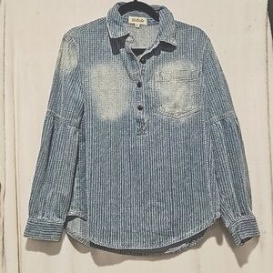 Listicle Distressed boho balloon sleeve denim top